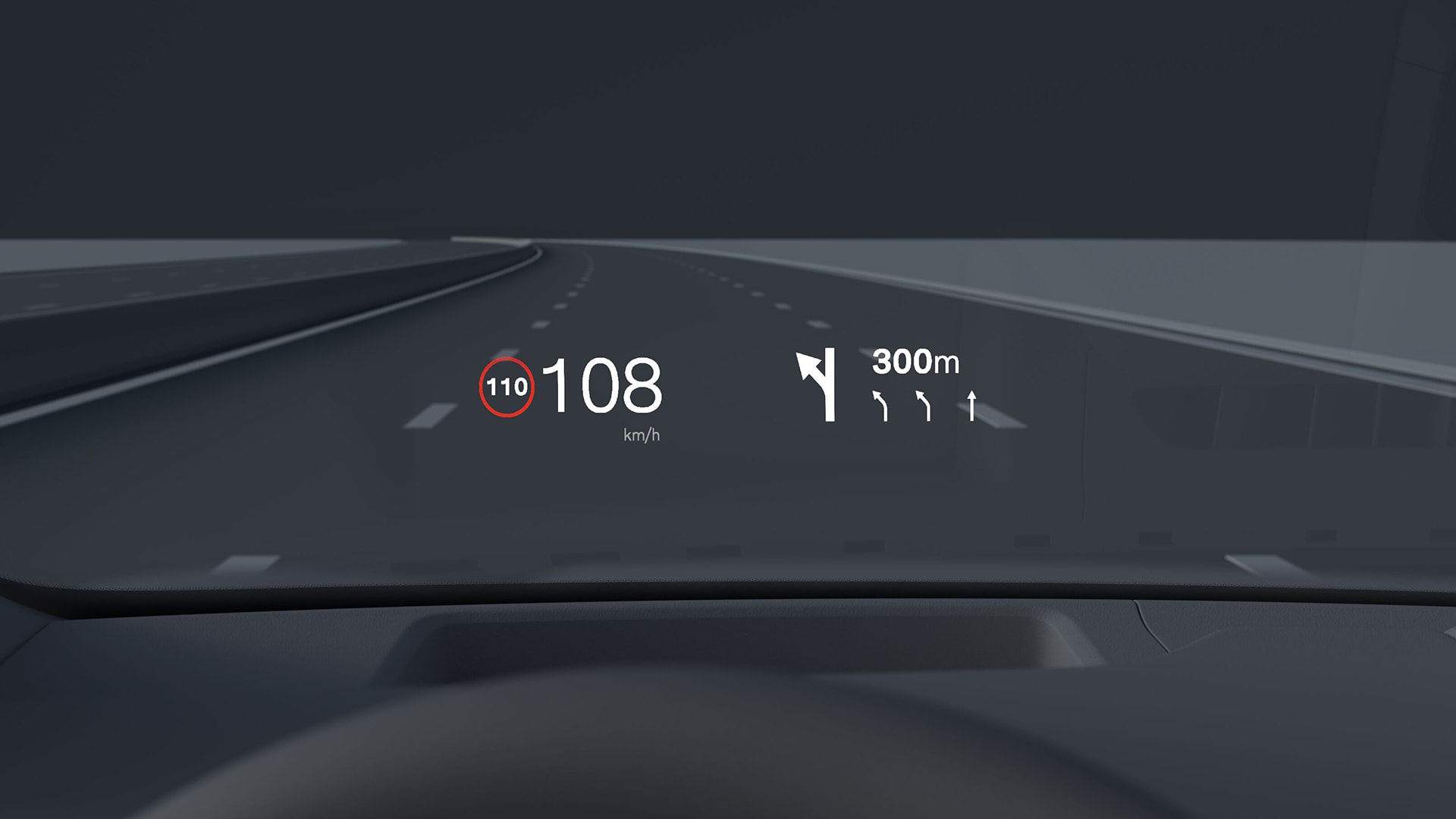 Volvo car head-up display showing current speed, speed limit of 110 km/h, and navigation directions for an upcoming turn in 300 meters.