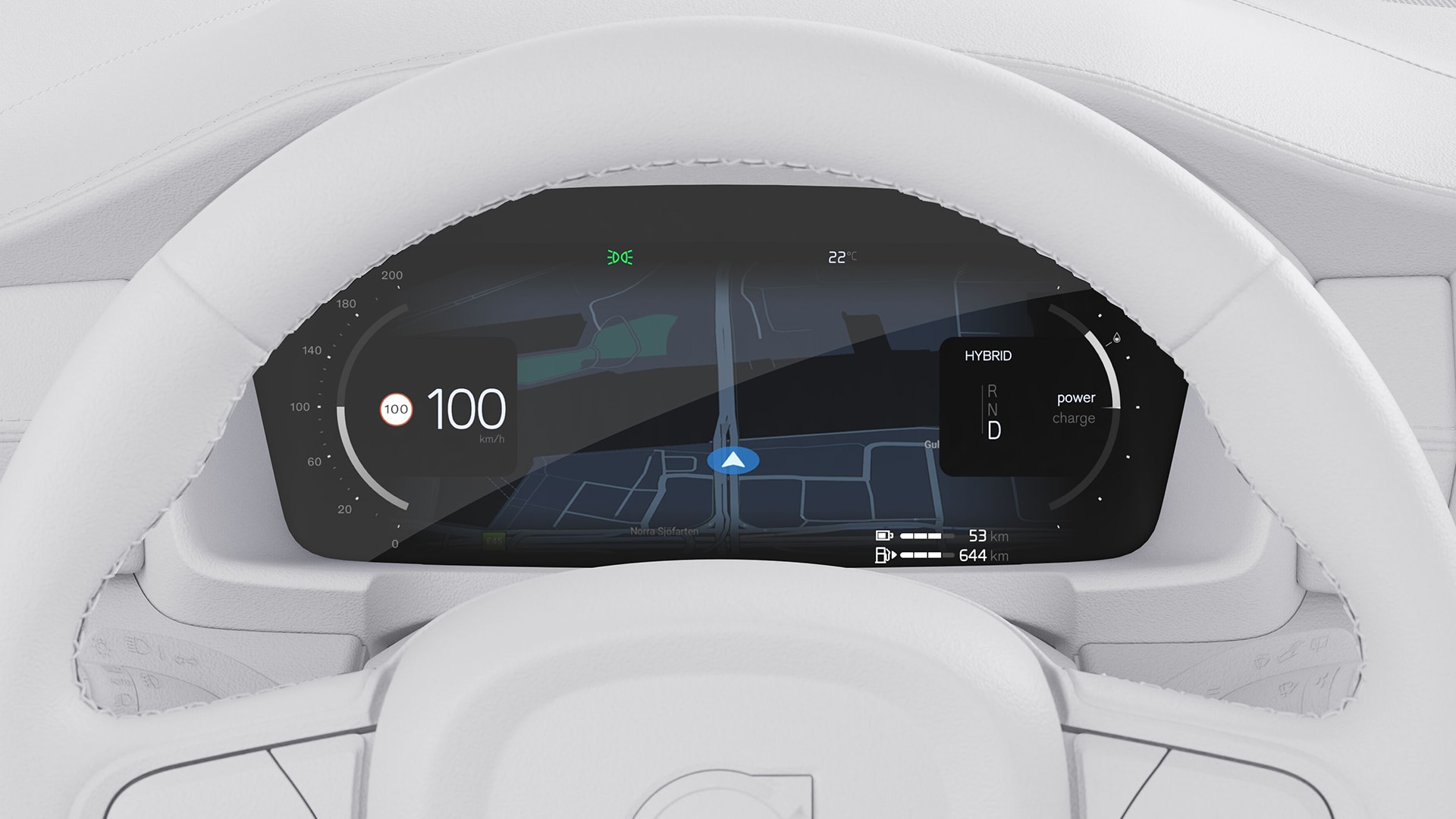 Hình ảnh cận cảnh màn hình lái xe kỹ thuật số Volvo hiển thị tốc độ, bản đồ định vị và thông tin công suất hybrid phía sau vô lăng.