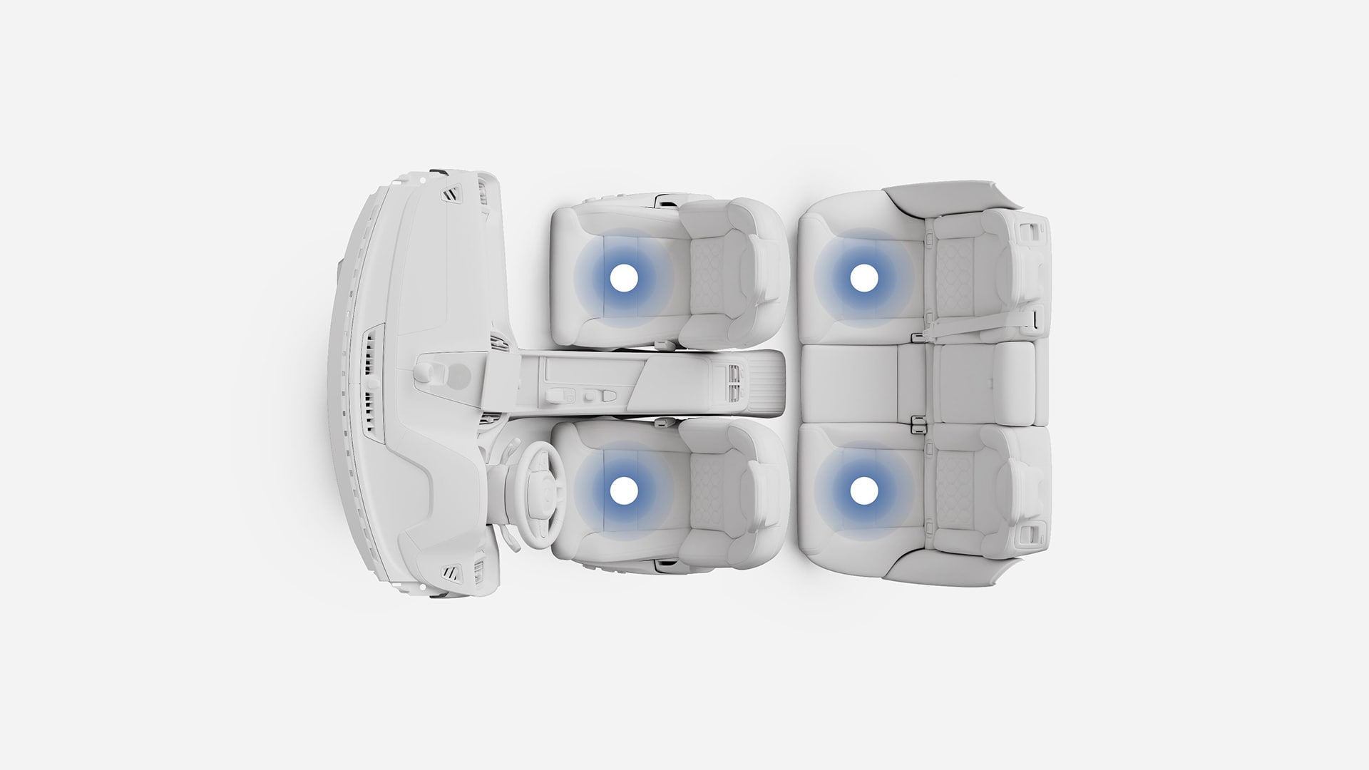 Top-down view of a Volvo vehicle interior highlighting the four seats with blue circles, indicating seat heating or ventilation features.