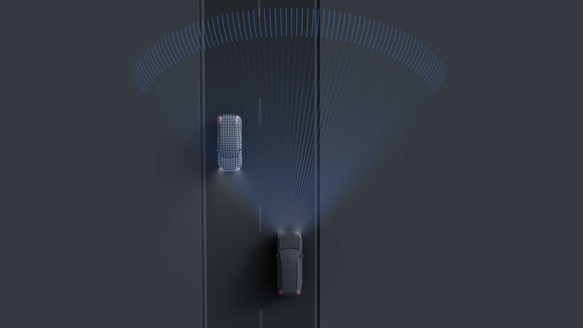 沃尔沃汽车使用高级驾驶员辅助传感器探测相邻车道上另一辆车的示意图。