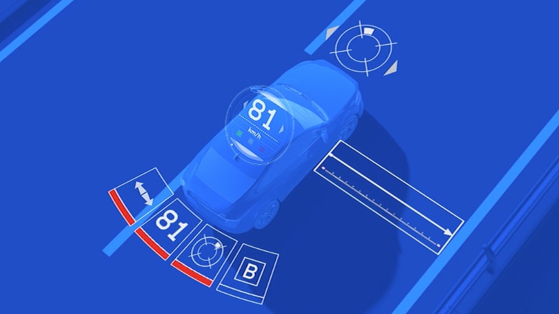 Illustration of a Volvo vehicle displaying advanced driver assistance features, including lane keeping aid and speed information.