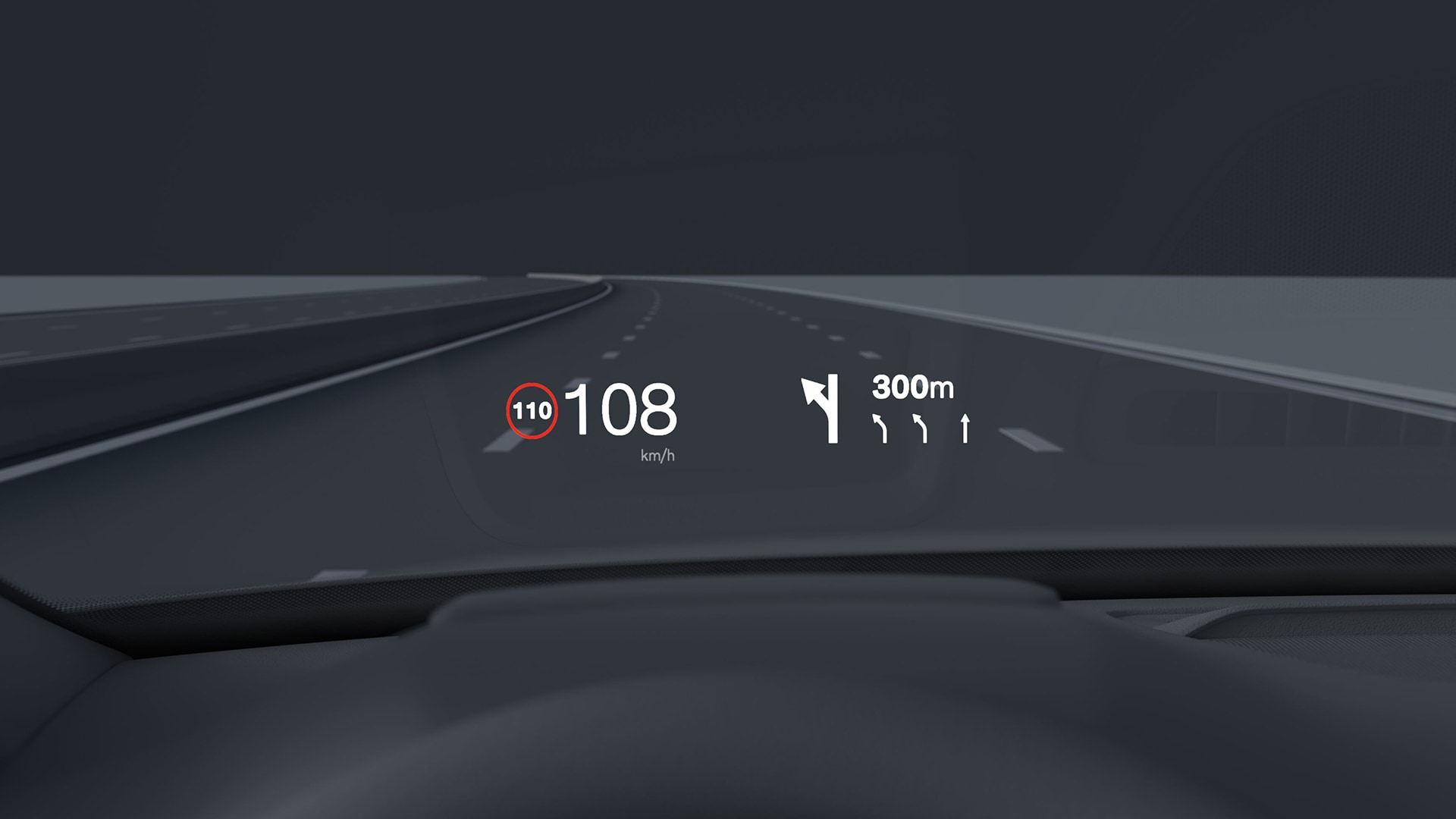 Affichage tête haute Volvo indiquant la vitesse actuelle, la limitation de vitesse et les instructions de navigation sur le pare-brise.