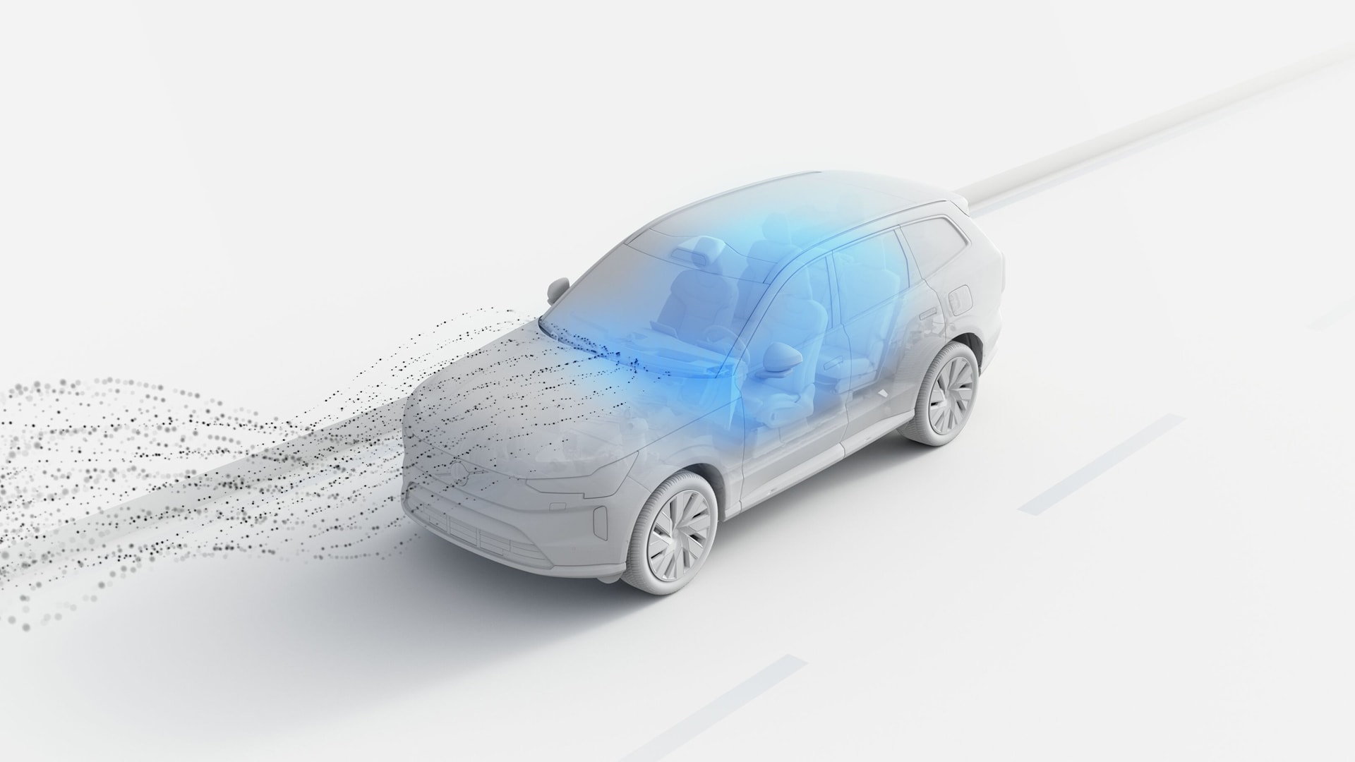 Illustration of a Volvo SUV with airflow visualized entering the cabin, highlighting the vehicle's advanced air filtration system.