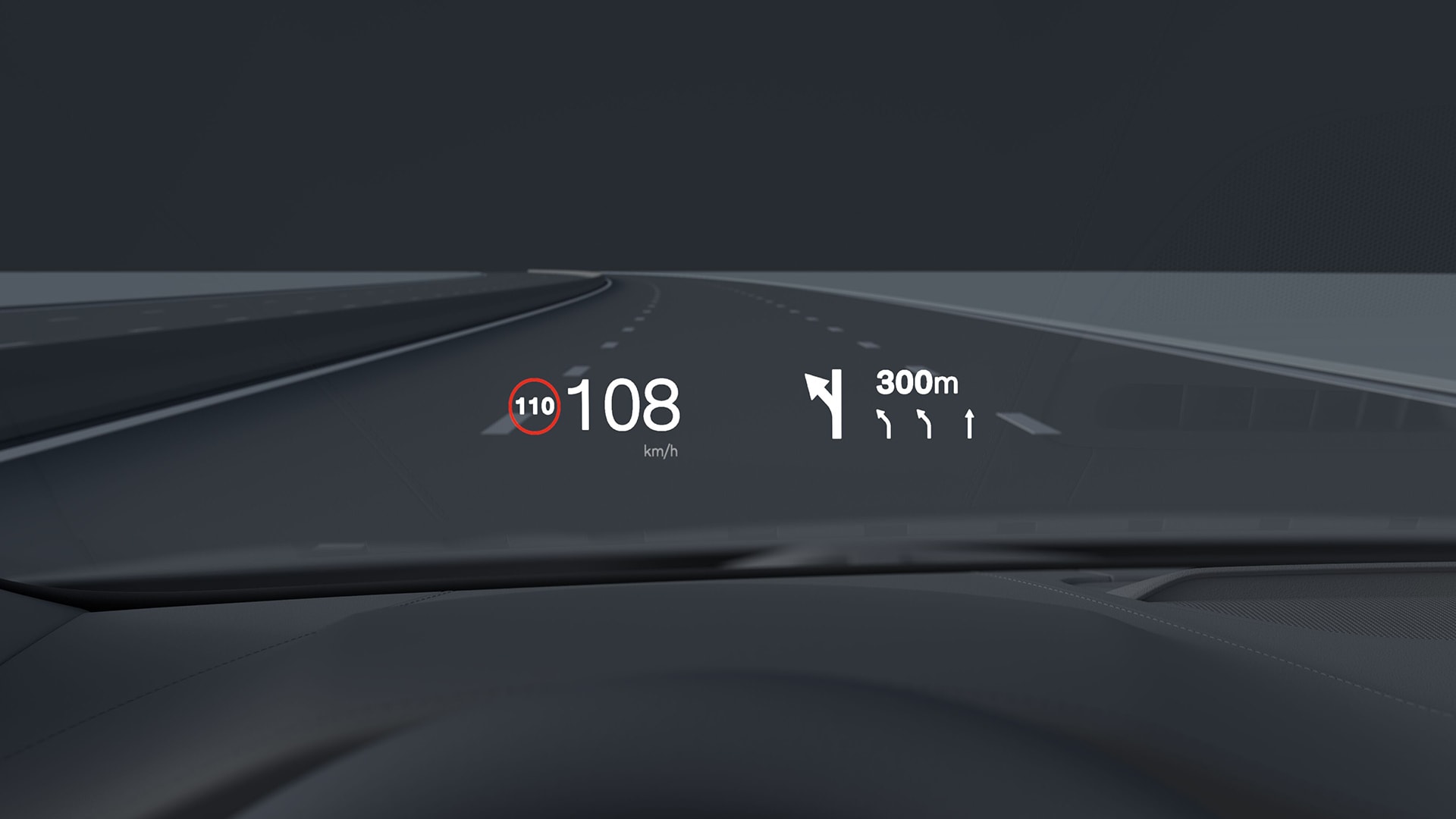 Màn hình hiển thị trên kính trước của xe Volvo hiển thị tốc độ hiện tại là 108 km/h, giới hạn tốc độ 110 km/h và chỉ đường dẫn đường cho biết rẽ trái trong 300 mét.