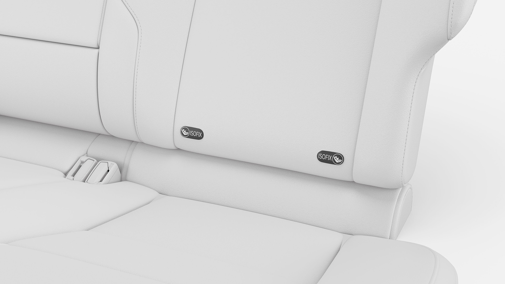 沃尔沃后排座椅特写，显示 ISOFIX 儿童座椅锚点。