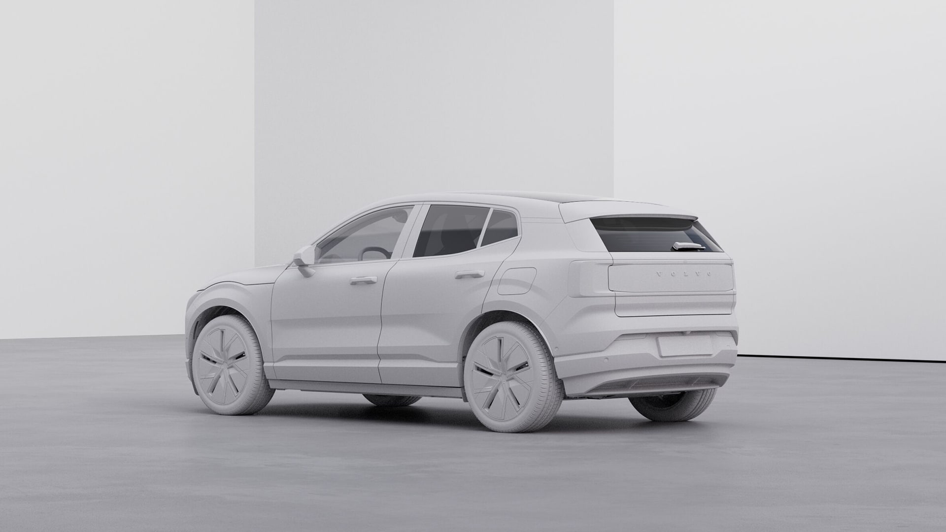 Een wit 3D-gerenderde model van een Volvo SUV, getoond vanaf de achterkant in een minimalistische studio-setting.