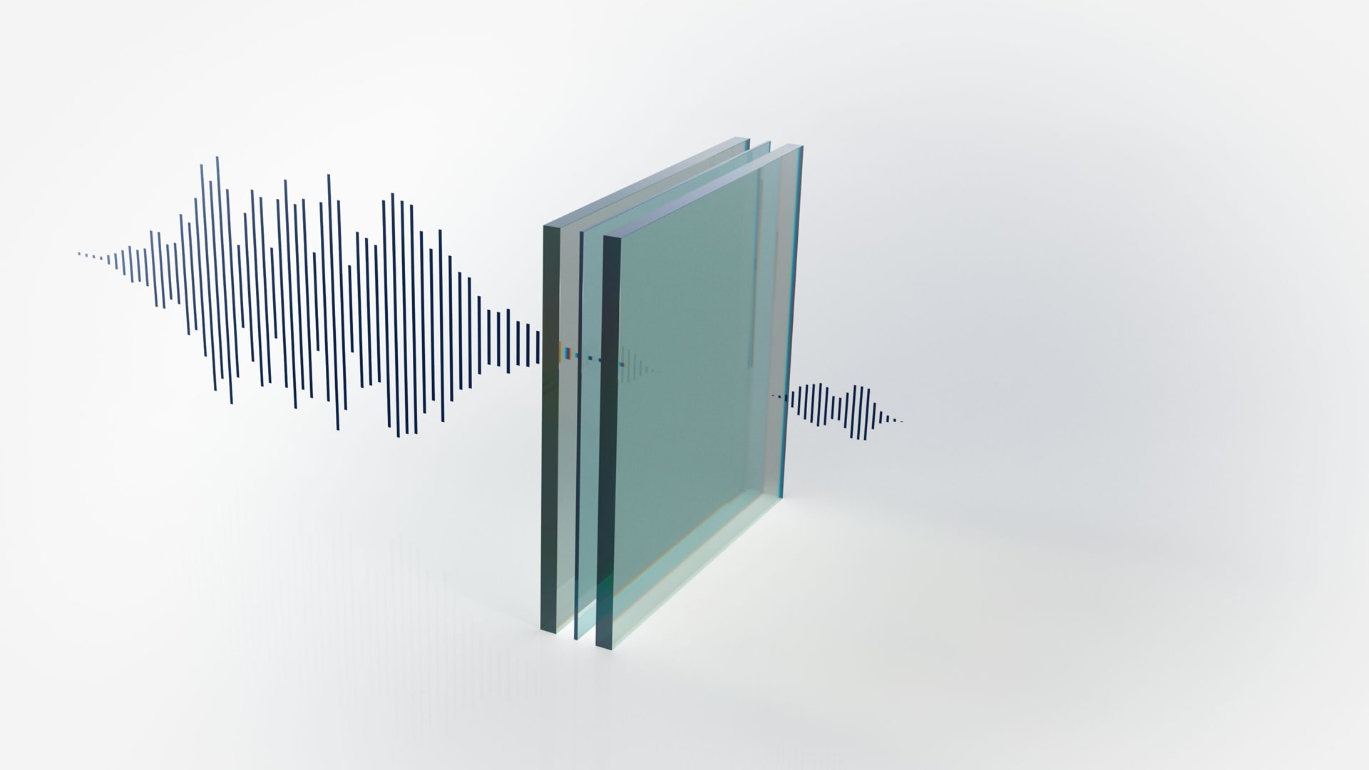 Illustrazione di onde sonore che attraversano il vetro laminato, con una riduzione del suono sull'altro lato, a rappresentare la tecnologia di riduzione del rumore di Volvo Cars.