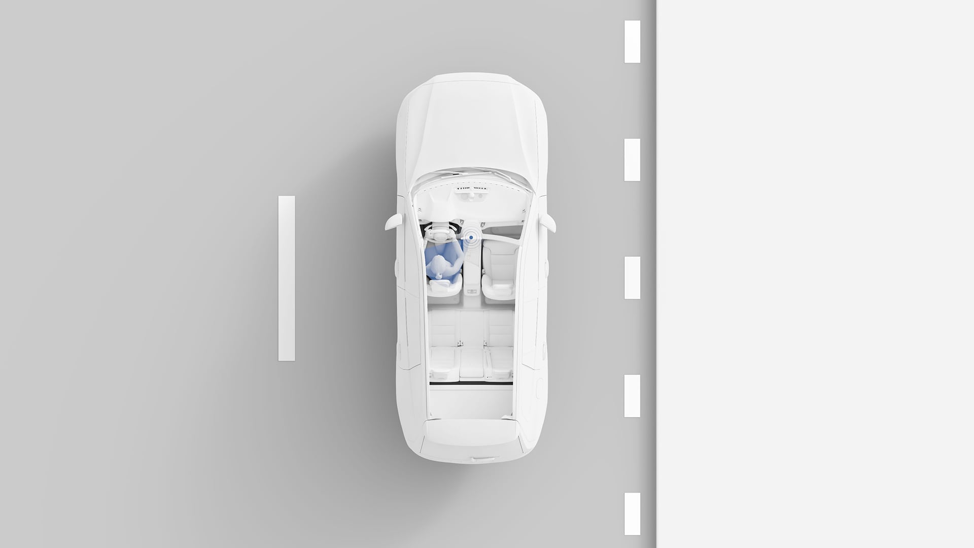 Draufsicht auf einen Volvo, der den Fahrer auf dem Vordersitz zeigt, wobei blaue Bereiche hervorgehoben sind, die auf Ablenkungswarnung hinweisen.