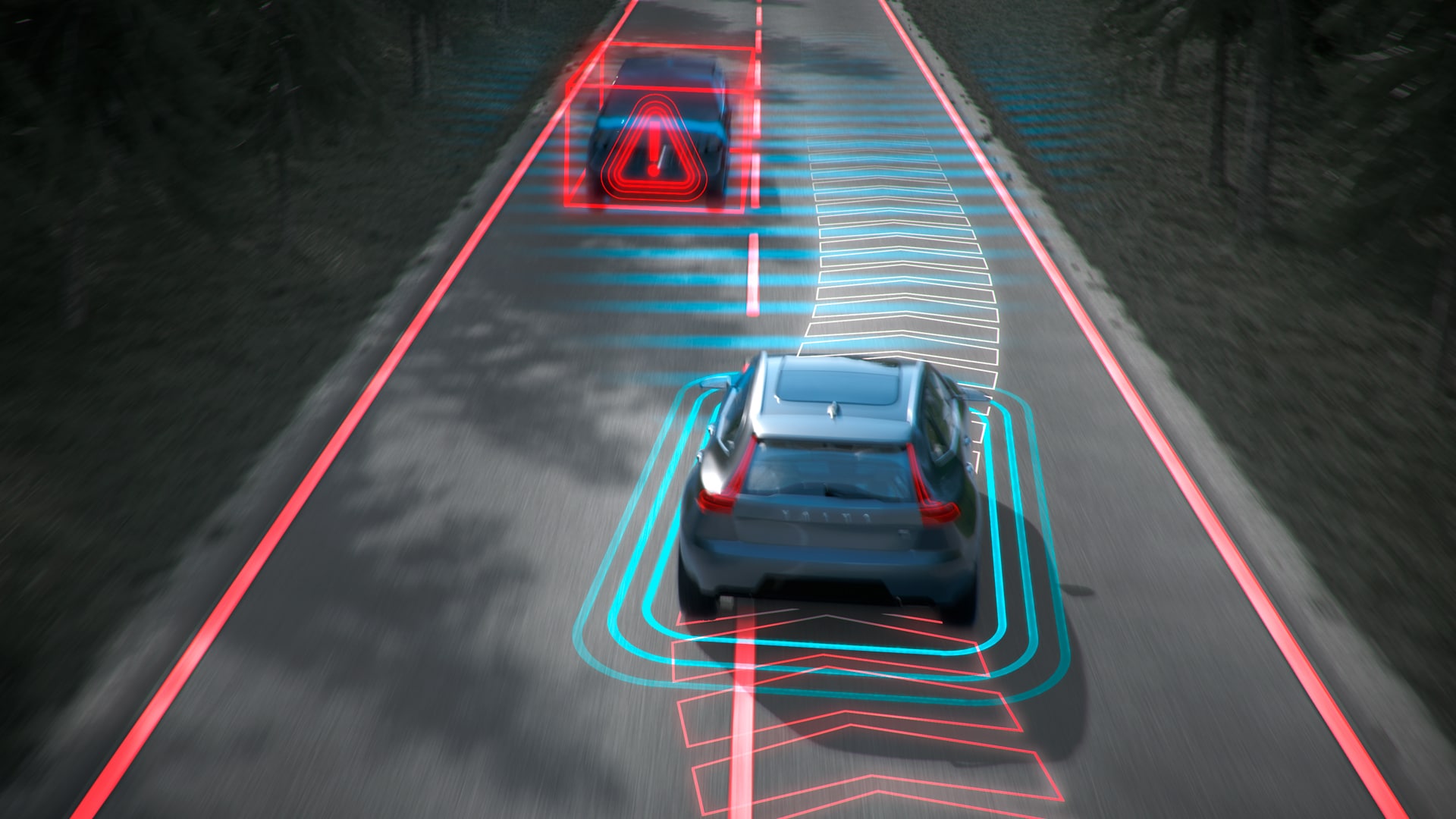 Illustration d’un véhicule Volvo utilisant des systèmes avancés d’aide à la conduite pour détecter une voiture devant lui et maintenir une distance de sécurité.