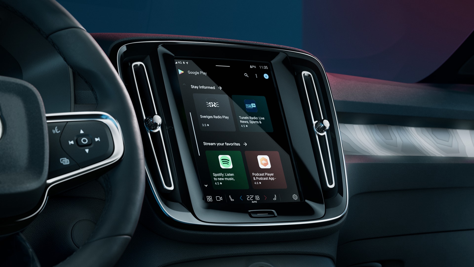 Close-up of a Volvo car's center display showing infotainment apps like Spotify, Podcast Player, and radio services.