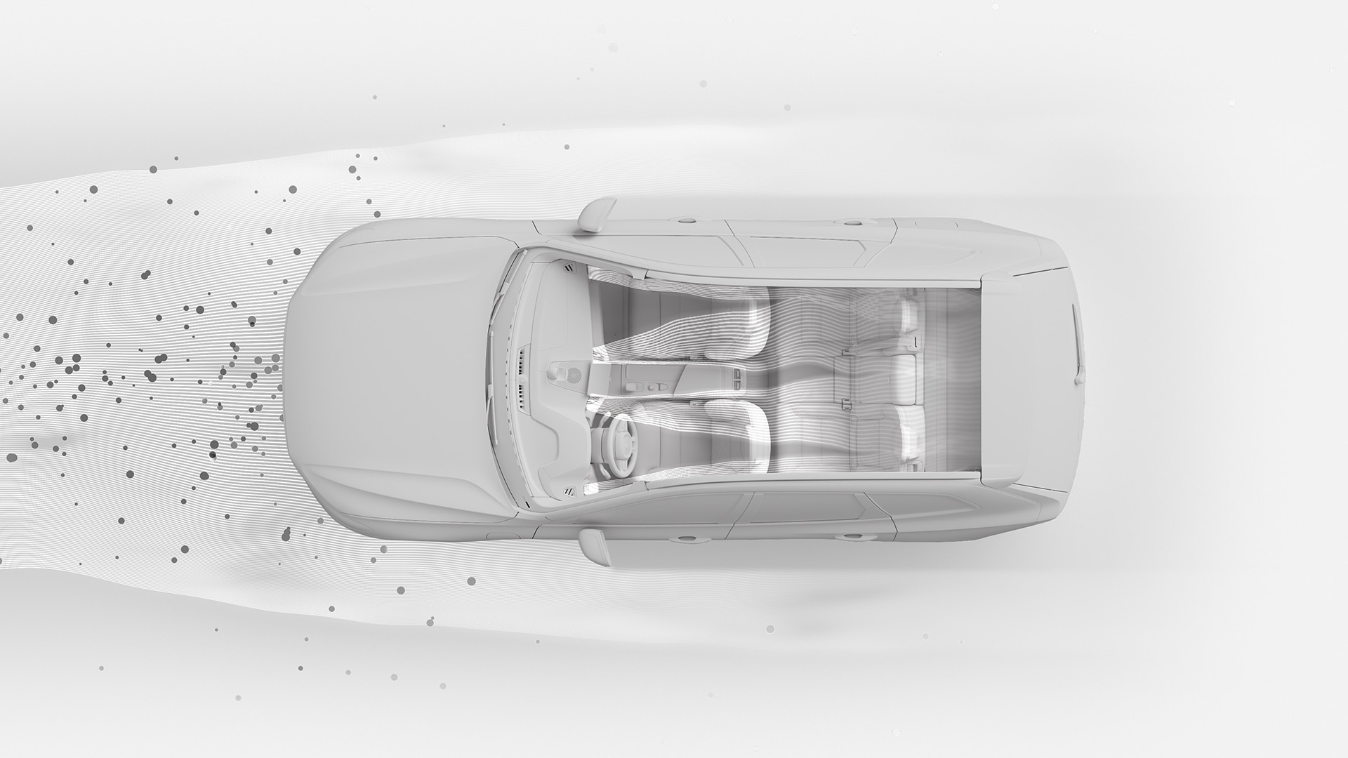 실내를 통과하는 공기 흐름 패턴을 보여주는 볼보 차량 내부의 평면도 그림으로, 차량의 공기 정화 또는 환기 시스템을 강조합니다.