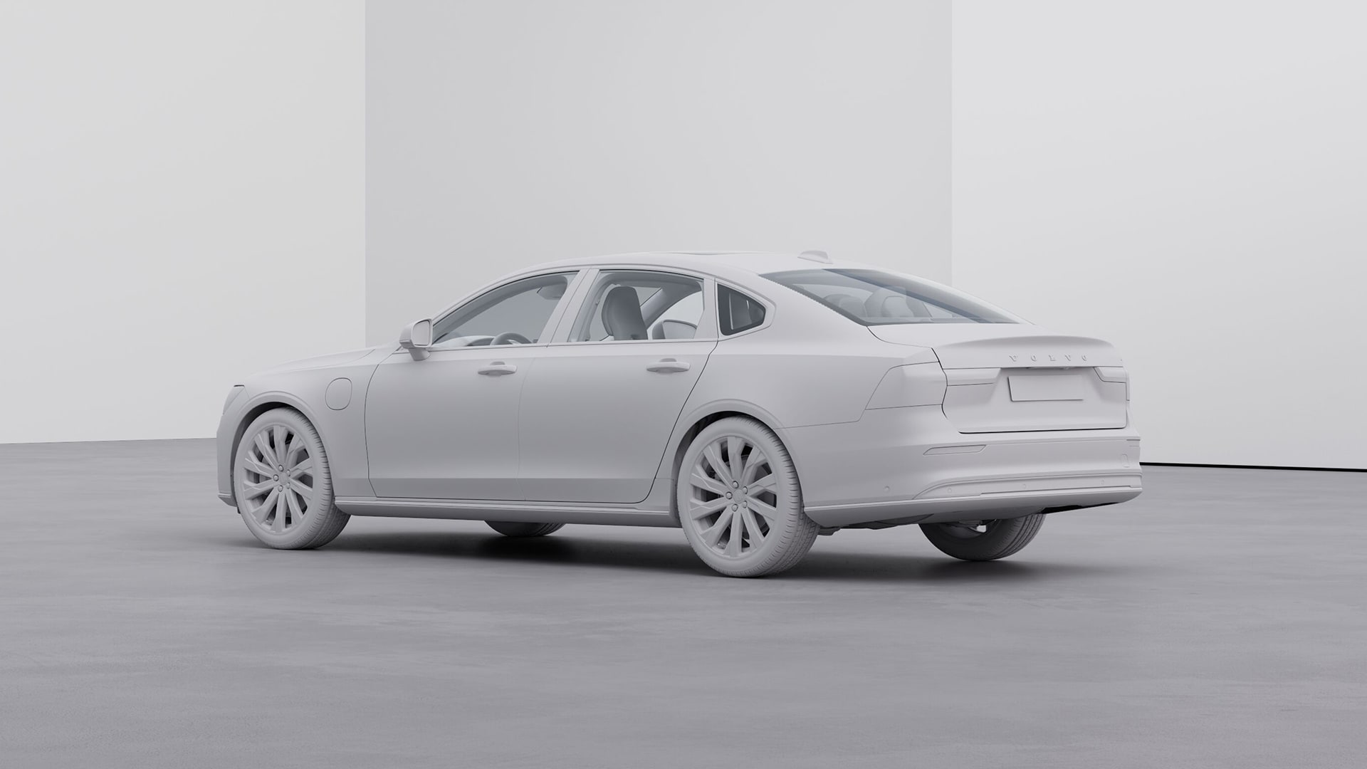 미니멀한 스튜디오 환경에서 후방에서 바라본 Volvo S90 세단의 흑백 3D 렌더링.
