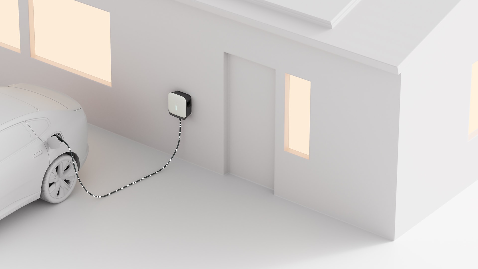 一辆白色沃尔沃电动汽车在家壁挂式充电站充电。