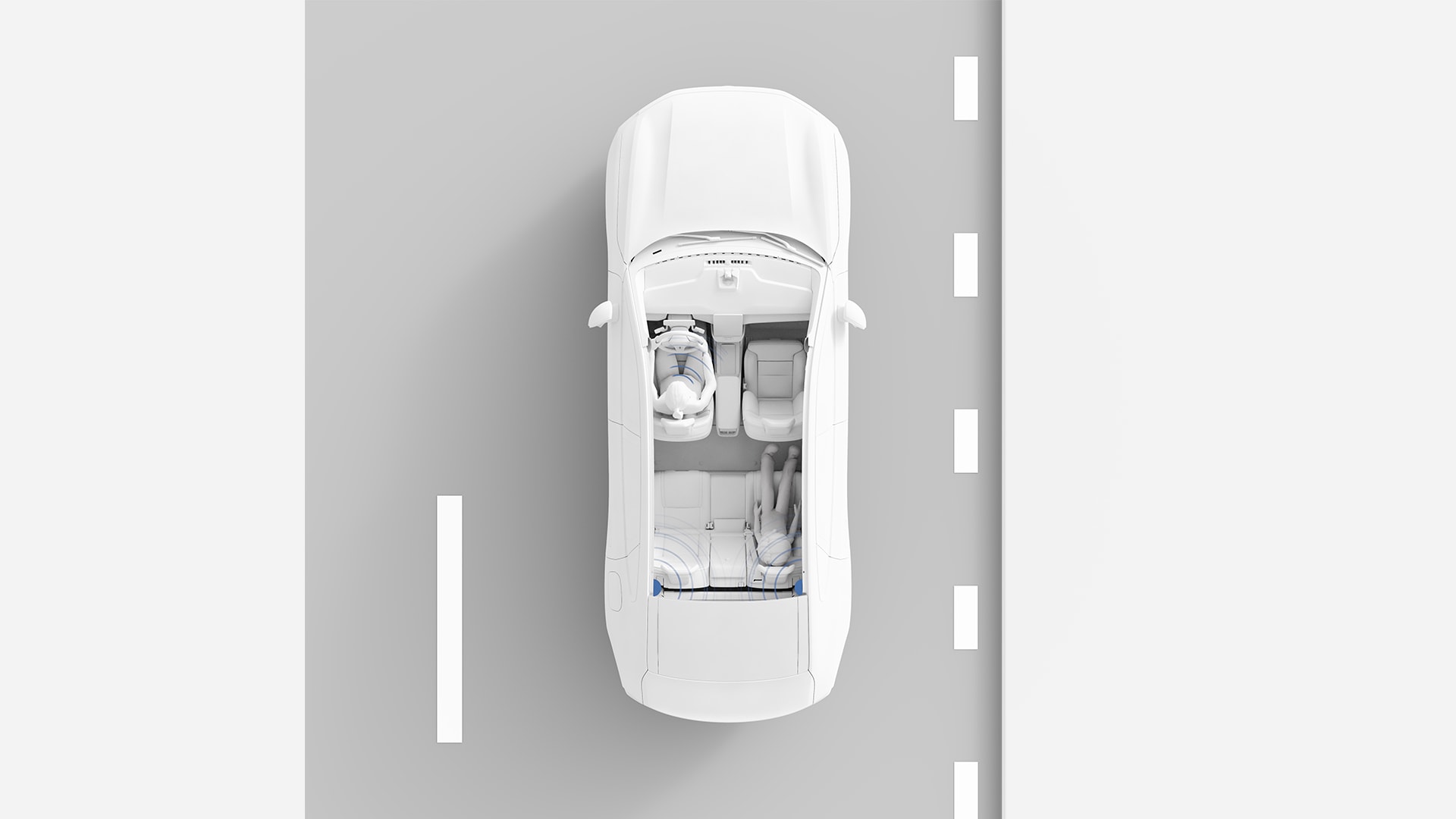 Innenansicht eines Volvo Fahrzeugs von oben mit zwei Kindersitzen, die die Kindersicherheitsfunktionen hervorheben.