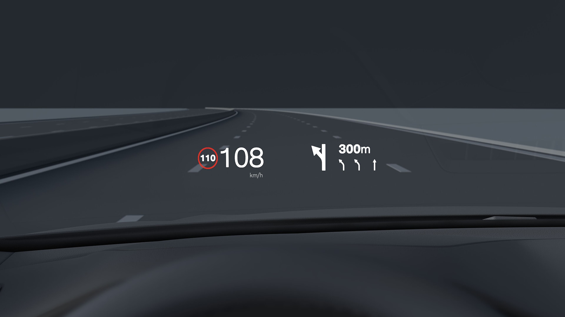 Volvo car head-up display showing a speed limit of 110 km/h, current speed of 108 km/h, and a navigation instruction to exit left in 300 meters.