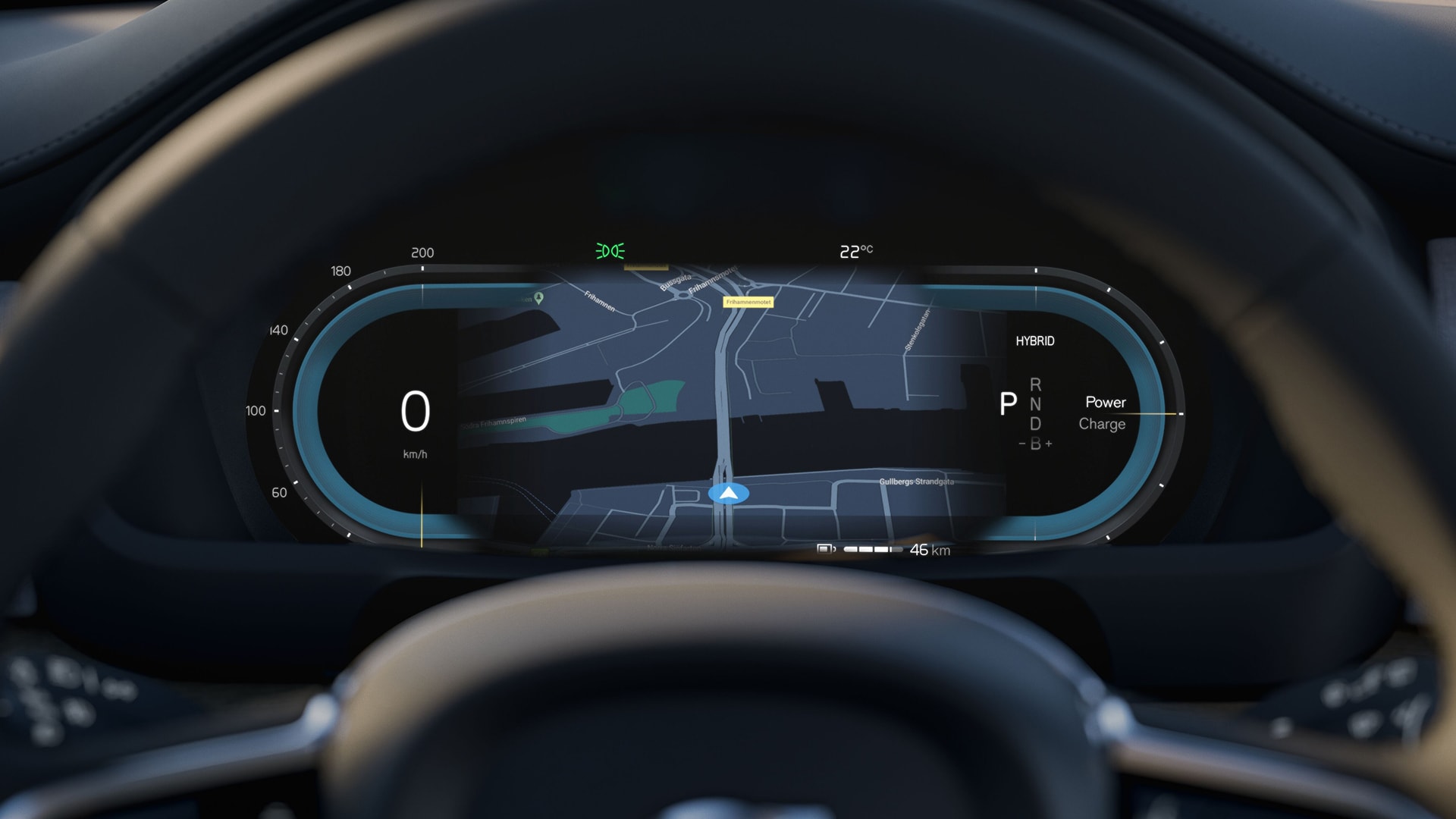 Close-up of a Volvo digital driver display showing navigation, speedometer, and hybrid power indicators.