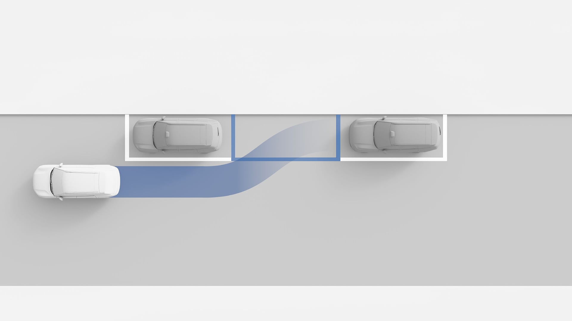 沃尔沃汽车准备在两辆车之间平行泊车，蓝色路径指示泊车辅助系统。