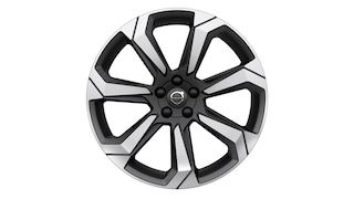 ブラックとシルバーのモダンで幾何学的なマルチスポークデザインを採用したボルボのアルミホイール。