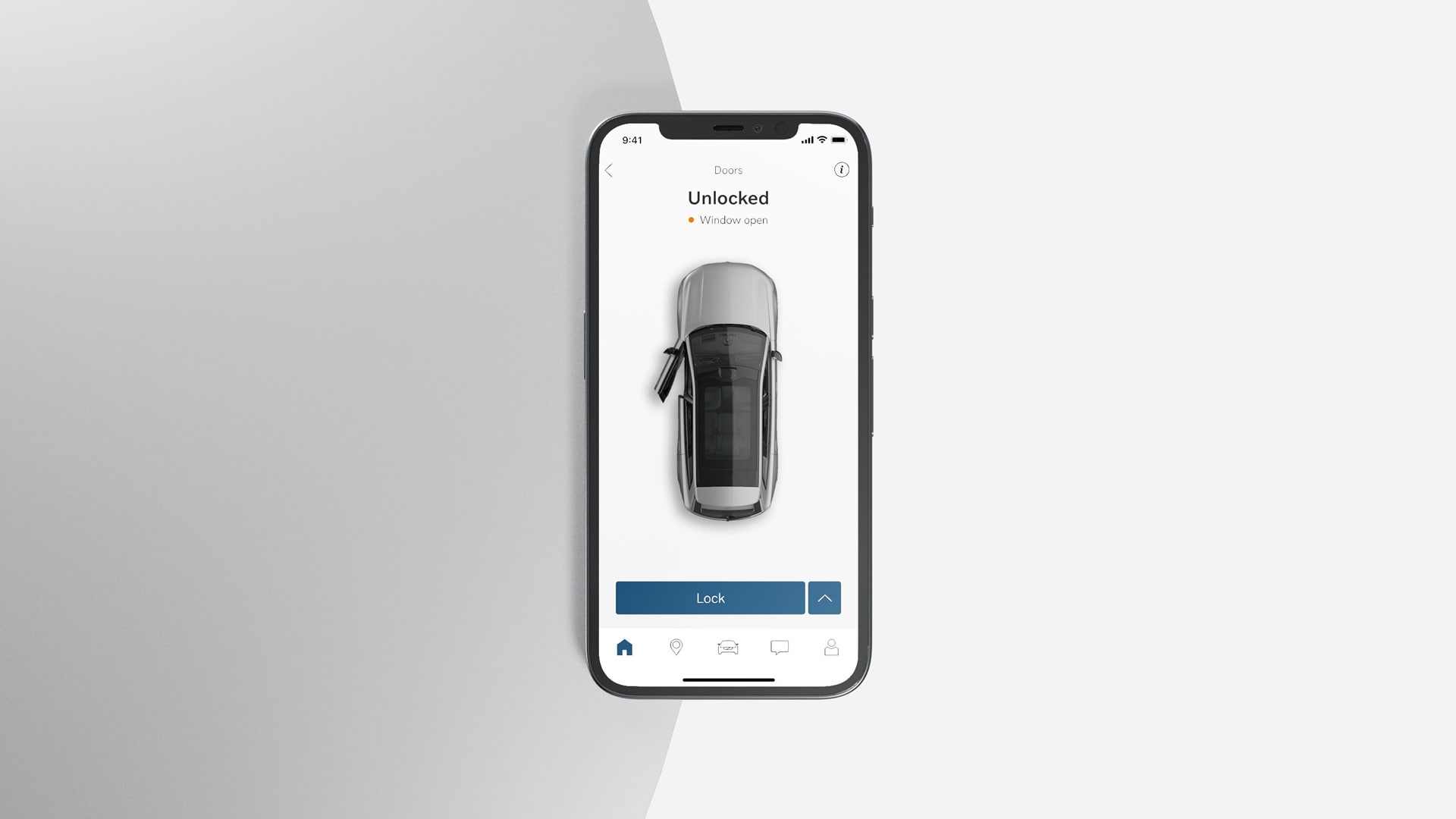 A smartphone displaying the Volvo Cars app with a top-down view of a car showing doors unlocked and a window open, and a 'Lock' button beneath.