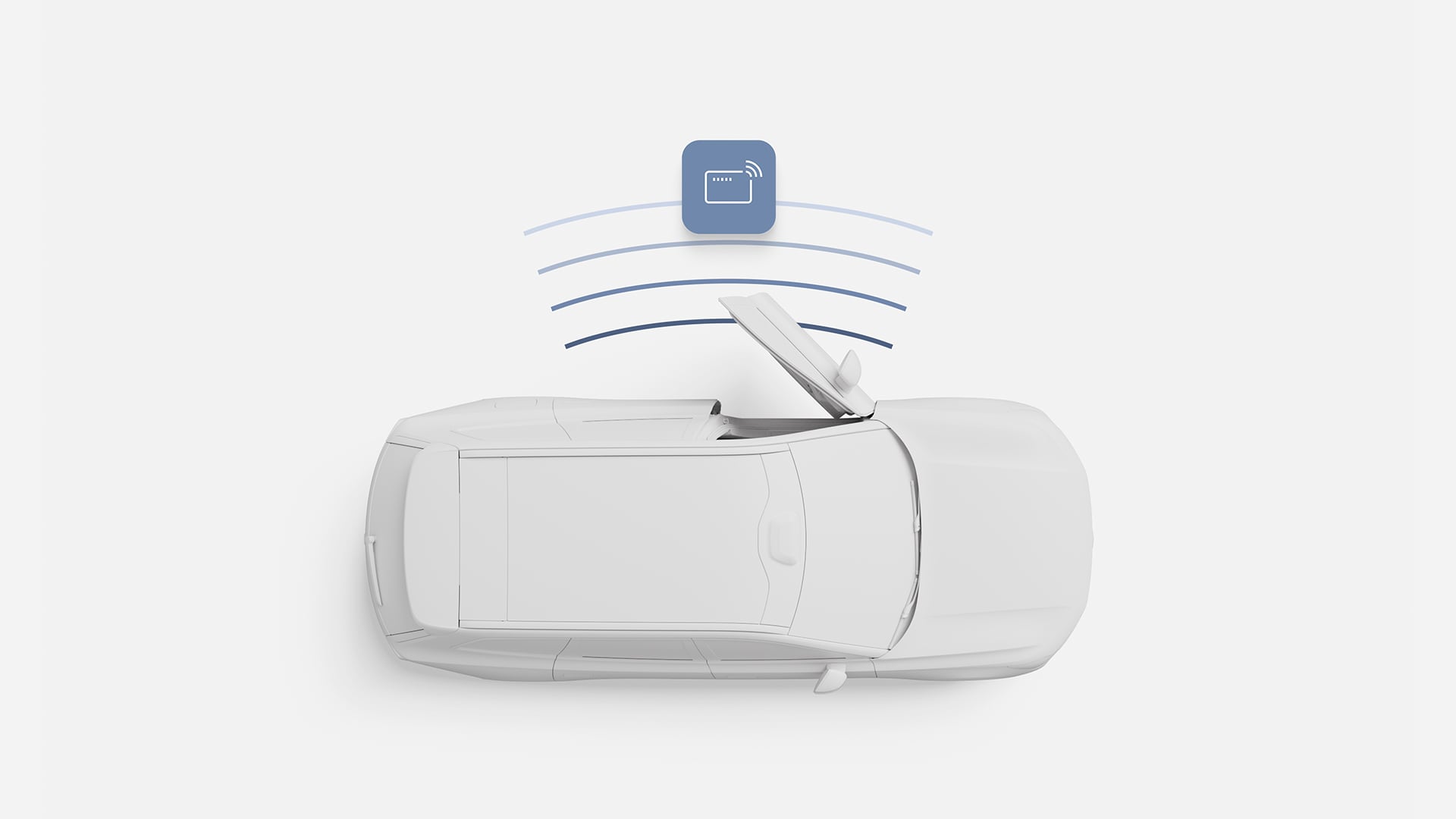 Illustration of a Volvo car with the trunk open, showing a digital key icon and signal waves representing remote trunk access.