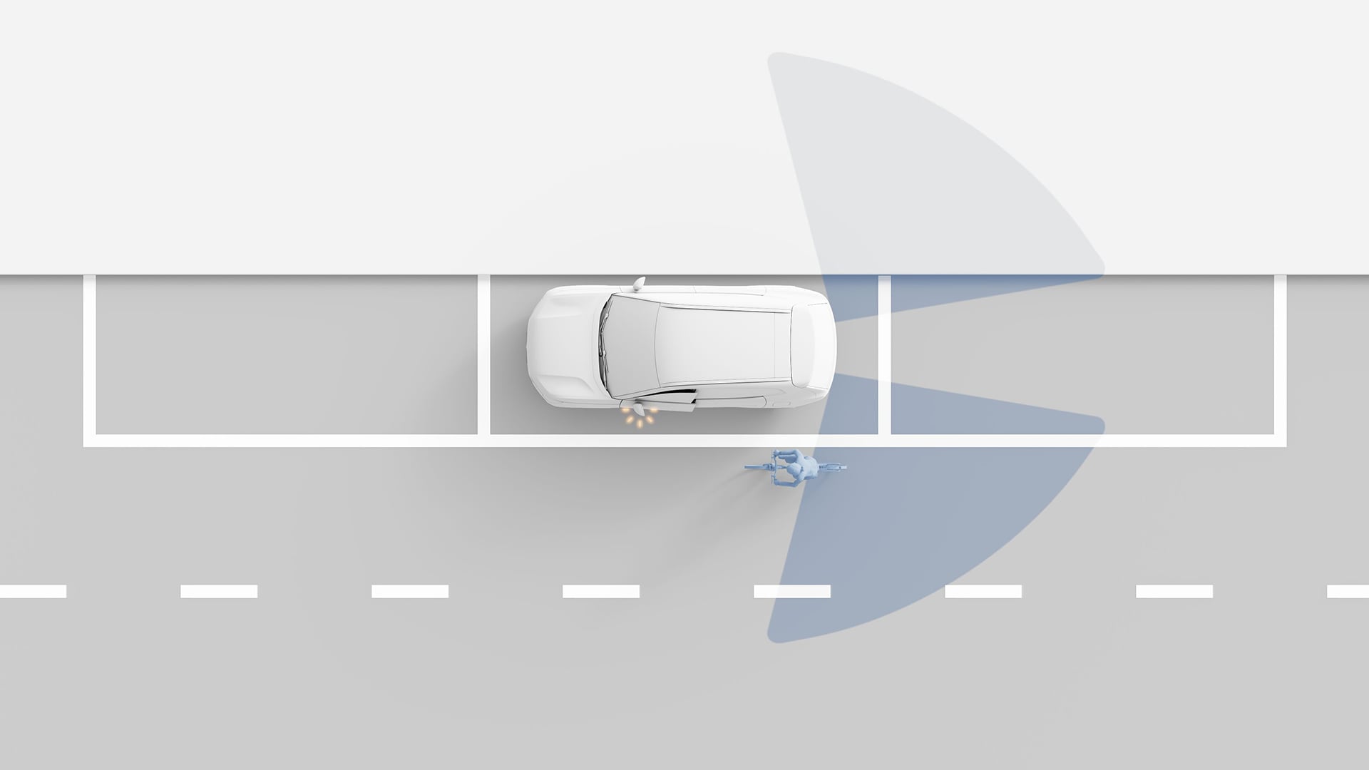 俯视图显示一辆沃尔沃汽车停在路边，在驾驶员车门打开时检测到有骑车人靠近，并展示了安全辅助技术。