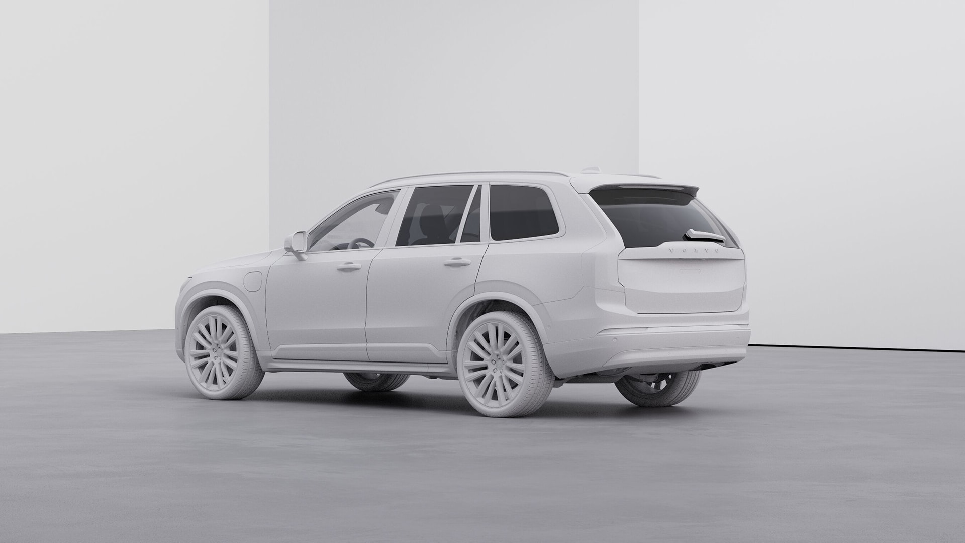 Een wit 3D-gerenderde model van een Volvo SUV, gezien vanaf de achterkant, weergegeven in een minimalistische studio-setting.