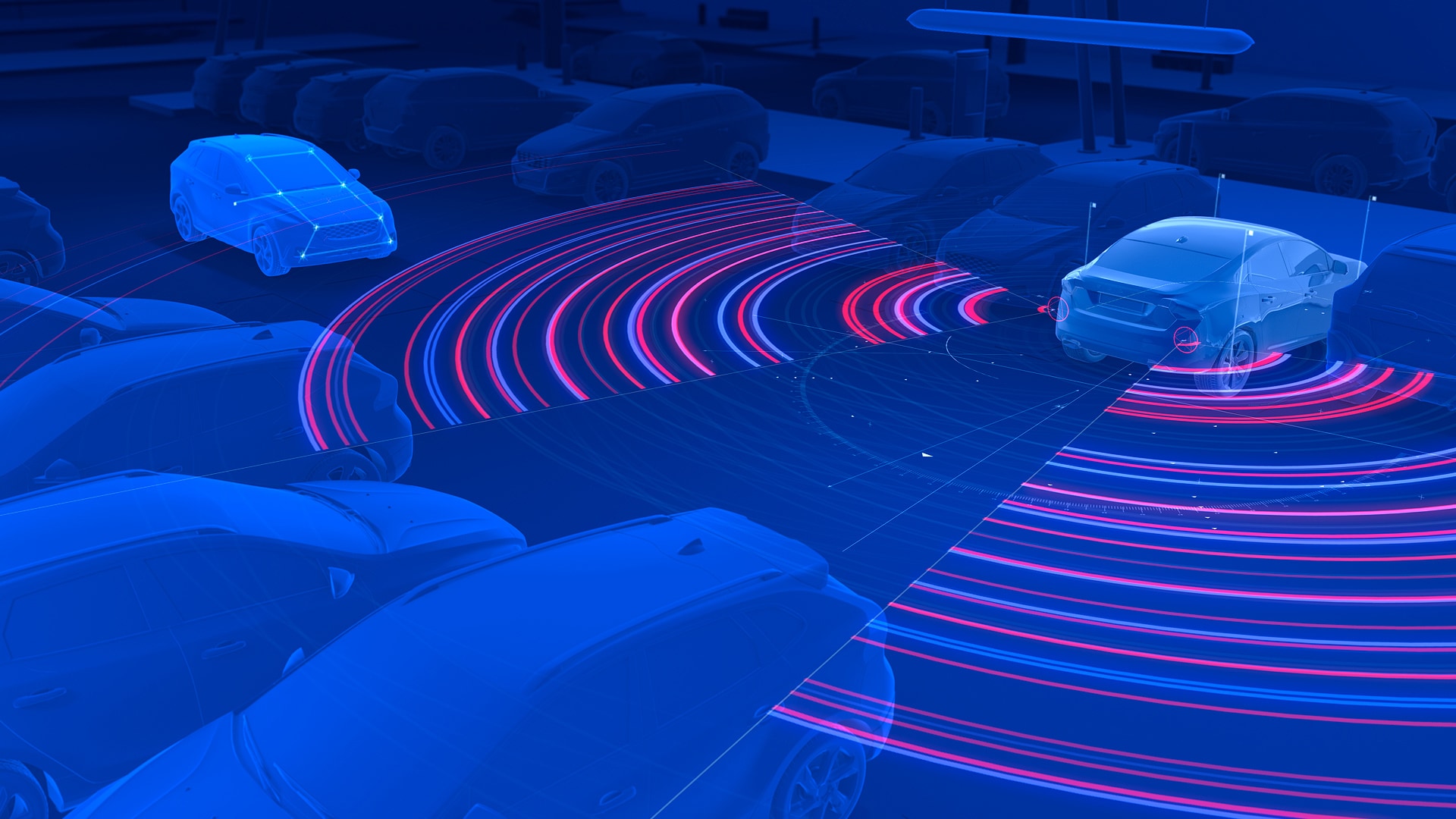 Illustration of Volvo vehicles in a parking lot, highlighting advanced sensor technology with colored waves representing the detection of surrounding objects.