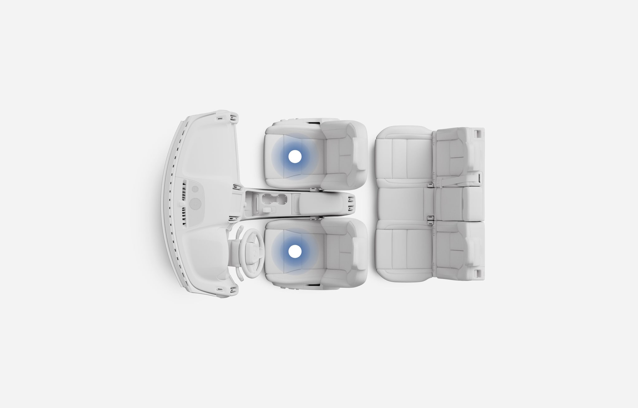 Top-down view of a Volvo car interior highlighting the driver and front passenger seats with blue circles, indicating a seat feature or functionality.