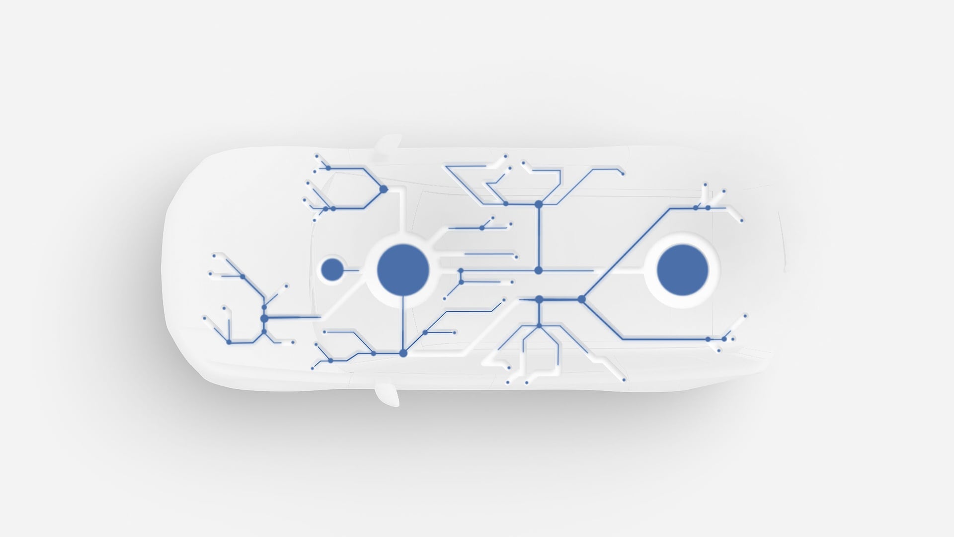 Top view of a Volvo vehicle with a blue circuit board pattern overlay, symbolizing advanced automotive technology and connectivity.