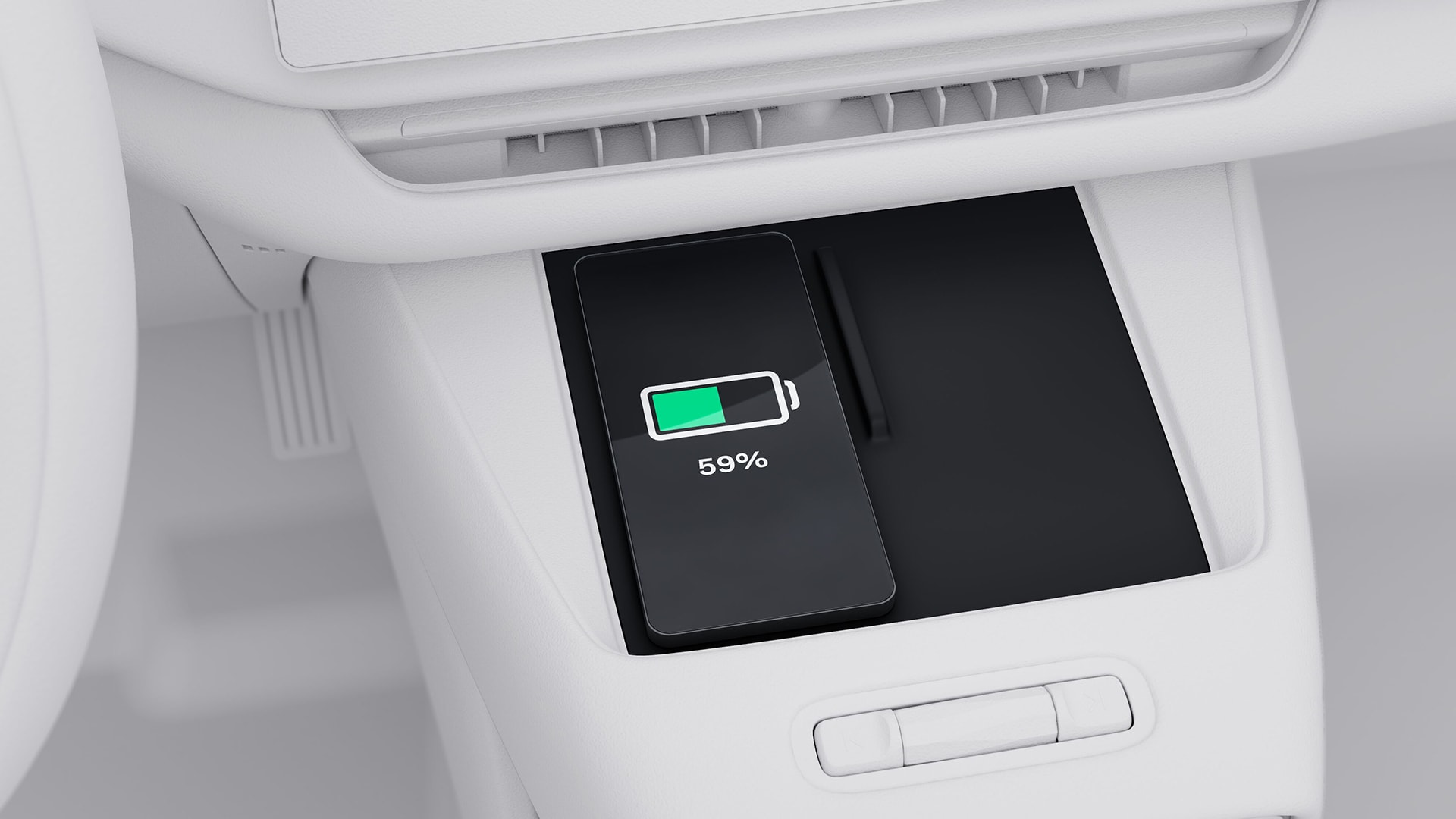 在沃尔沃汽车中控台无线充电的智能手机，显示电池电量为 59%。