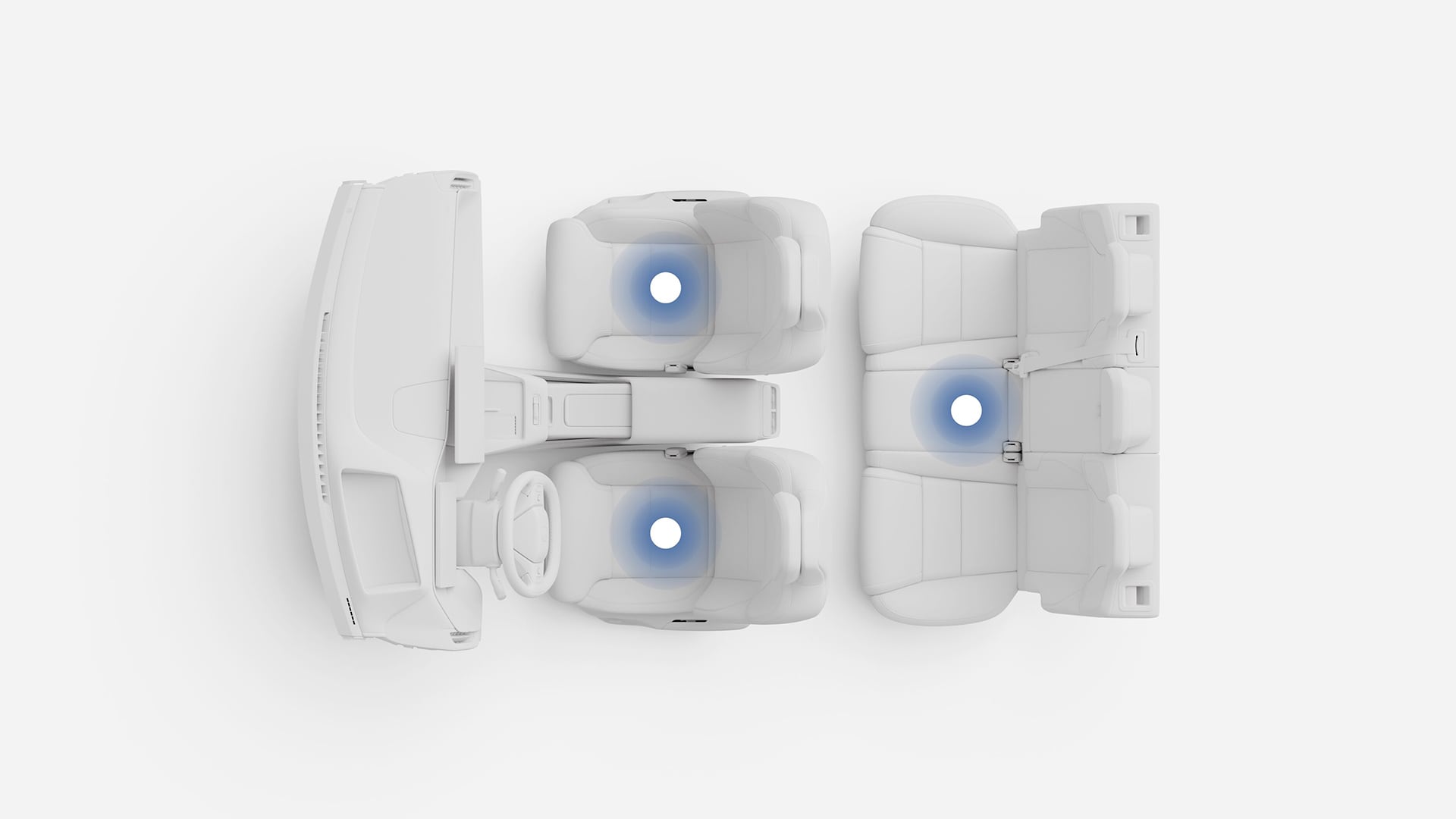 沃尔沃汽车内饰俯视图，用蓝色圆圈突出显示三个座椅，表示重点区域或高级座椅功能。